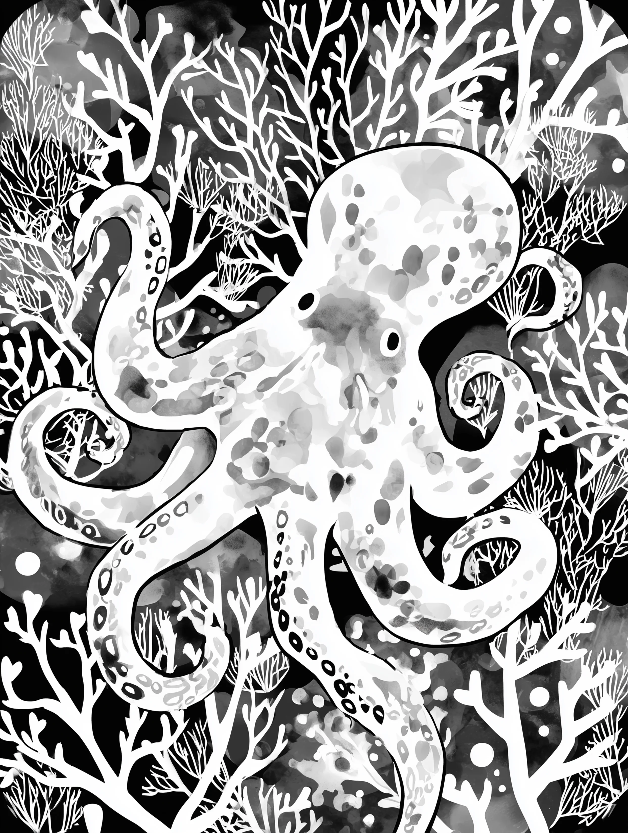 Free printable underwater coloring page for adults featuring a white octopus in coral
